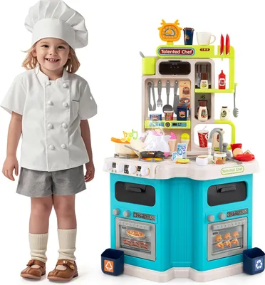 Image de COSTWAY Cuisine pour enfants, Cuisine de poupée avec 113 accessoires, lumière, son, vapeur, cuisinière, évier & fonction eau, Jouet cuisine Cuisine pour enfants 3+ bleu