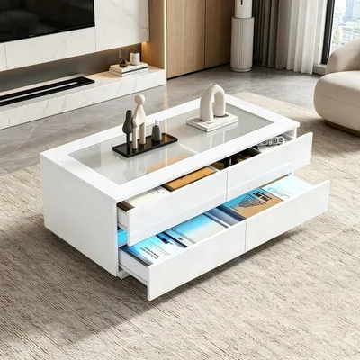 Image de Table basse blanche de 100x50x40 cm avec 4 tiroirs, plateau en verre trempé avec éclairage LED et finition haute brillance