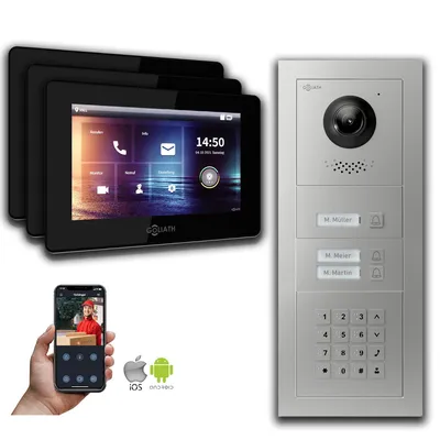 Produktbild von Goliath IP Video Türsprechanlage: 7-Zoll 3 Familienhaus, Zahlencode, Silber : 7 Zoll Schwarz : 4er POE : Aufputz Dose Anschluss: 4er POE Monitor Farbe: 7 Zoll Schwarz Montage: Aufputz Dose