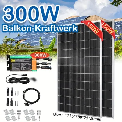 Produktbild von Solarpanel-Set – 300W Balkon-Energieanlage – 2 x 150W monokristalline Solarzellen – mit Mikrowechselrichter