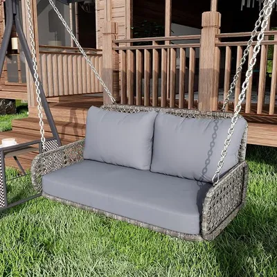 Produktbild von Hängeschaukel 2-Sitzer, PE-Rattan Gartenschaukel mit Sitzkissen & Ketten, Hängebank Hollywoodschaukel Schaukelbank Gartenbank, Doppelschaukel für Garten Balkon, bis 320KG (Grau)