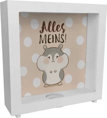 Produktbild von Hamster Rahmen Spardose aus Holz mit Spruch Alles meins