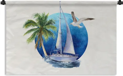 Produktbild von MuchoWow® Wandteppich Wandbehang Segelboot - Palme - Vogel - Meer 60x40 cm Tapisserie Dekoration Wandtuch - Wanddekorationen
