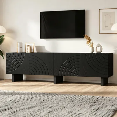 Produktbild von Merax TV-Lowboard mit 4 Türen und Strukturierte Fronten, Fernsehschrank für TVs bis 75 Zoll, Wohnzimmermöbel aus Spanplatte, Modernes TV-Board, Schwarz