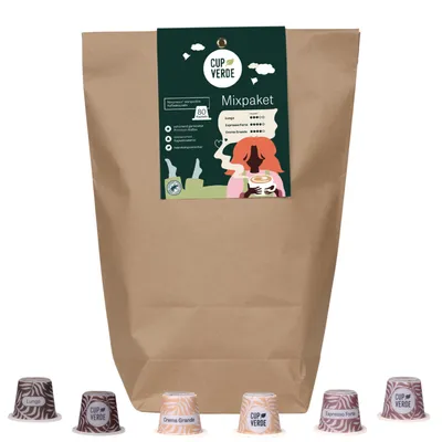 Produktbild von CUP VERDE – 80 nachhaltige Kaffeekapseln MIXPAKET kompatibel mit Nespresso* - 3 Sorten - CREMA - LUNGO - ESPRESSO - kompostierbar – schonend geröstet