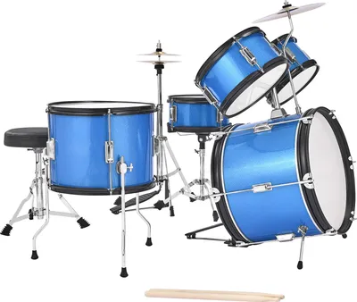 Image de Set de batterie SucceBuy, 5 pièces, comprenant un tambour de basse de 40,6 cm, une caisse claire de 25,4 cm, des toms de 20,3 cm et 25,4 cm, un tom sur pied de 33 cm, une cymbale crash de 25,4 cm ainsi qu'un charleston de 20,3 cm, convient aux enfants de 6 à 13 ans, couleur bleue