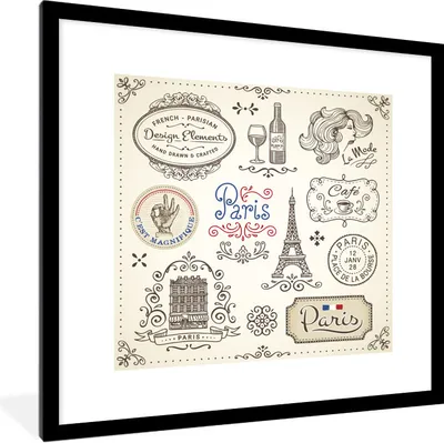 Produktbild von MuchoWow® Gerahmtes Poster Paris - Zeichnung - Wein 40x40 cm - Poster mit Schwarzem Bilderrahmen Wandposter Rahmen Foto Bilder - Poster - Plakat im Rahmen