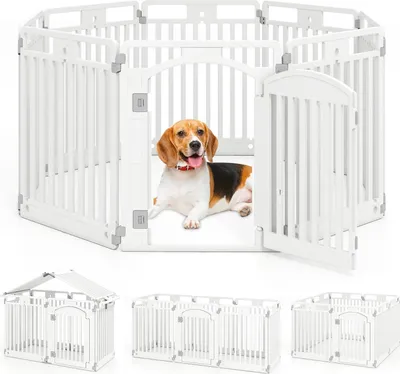 Image de Enclos pour chiots - Parc pour chiens - Pliable - 8 panneaux - 80 cm de haut - Porte avec serrure - Ancrage au sol - Plastique - Blanc