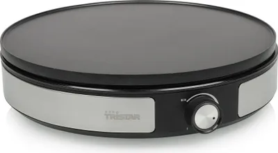A black and silver electric crepe maker is shown from a slightly elevated front-side angle on a white background.
