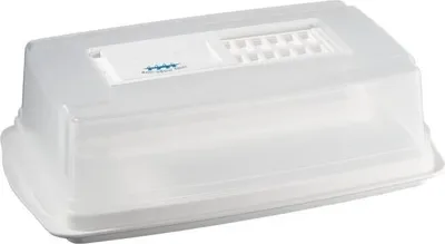 A clear, professional studio shot of a white plastic food container with a transparent lid.