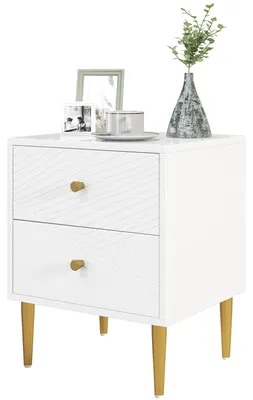 Produktbild von Nachttisch mit 2 Schubladen, Griffen und Stahlbeinen, fš¹r Schlaf-/Wohnzimmer, 40 x 35 x 50 cm, wei?
