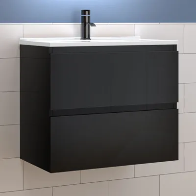 A black vanity with a white countertop and a black faucet, mounted on a tiled wall.