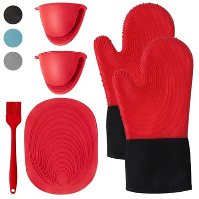 Image de Gants de cuisson manique - Résistant à la chaleur jusqu'à 250 °C - Antidérapant - Rouge - Taille L