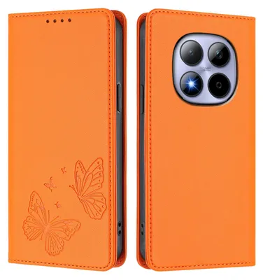 Produktbild von Lederhülle für Xiaomi Redmi Note 15 Pro 4G, Schmetterling Prägung Leder Brieftasche Schutzhülle mit Ständer Orange