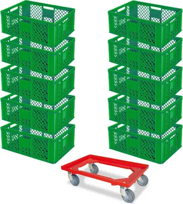 Produktbild von 10 Stapelkörbe, Euro-Format LxBxH 600 x 400 x 240 mm, Industriequalität, lebensmittelecht, grün + GRATIS Transportroller