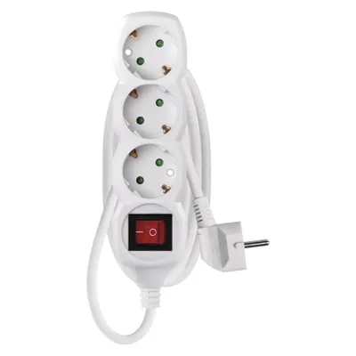 Produktbild von EMOS Steckdosenleiste 3-fach mit Schalter, 150 cm Kabel 1,5 mm2, weiß, Steckdosen 45° gedreht, Schuko mit erhöhtem Berührungsschutz, für Innen, P1321R