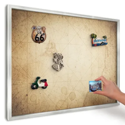 Produktbild von Magnettafel 70x50 cm in einem silbernen Rahmen - Magnetische Metalltafel, Magnetpinnwand zur Wandmontage für Wohnzimmer, Küche, Flur, Kinderzimmer und Büro - Antike Karte