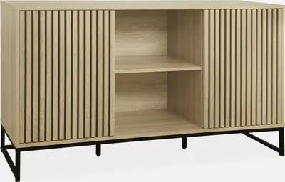 A modern sideboard with fluted doors and black metal legs, presented against a plain white background.