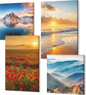 Produktbild von Leinwandbilder Mehrteilig 4-teilig – Modernes Design – Hochwertiger Polycanvas Kunstdruck – Wanddekoration & Wandkunst – Bilder für Zuhause – 2x 40x40 cm + 2x 40x60 cm – Berg- und Küstenlandschaften mit Sonnenuntergängen