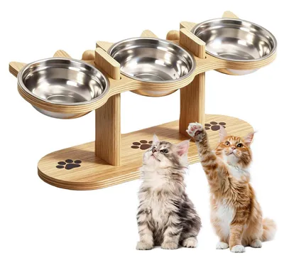Produktbild von Katzennapf Erhöht 15° Gekippt mit Holz Ständer 3-in-1 Futter- & Wassernapf Set für Katzen & Kleine Hunde
