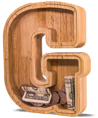 Produktbild von Holz-Spardose in Buchstabenform für Kinder – Große Spardose mit Buchstaben – Personalisierte Spardose mit Initialen – Holz-Spardose für Jungen und Mädchen – 22,5 cm