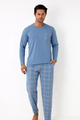 Produktbild von Herren Pyjama Set Langarm Karierte Hose Brusttasche Langarm Schlafanzug L-3XL