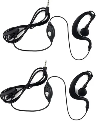 Two black walkie-talkie headsets with clips and inline buttons are shown against a white background.