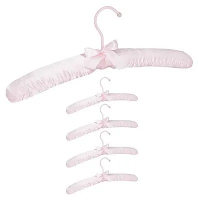 Produktbild von Satin-Kleiderbügel, 5er-Set, weich gepolsterter Jackenbügel, 360° drehbarer Haken, 38 cm, Schleife, Rosa