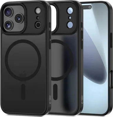 Three black phone cases are displayed side-by-side, with the front case being the most prominent. The cases are designed for an iPhone and feature a circular cutout for MagSafe charging.