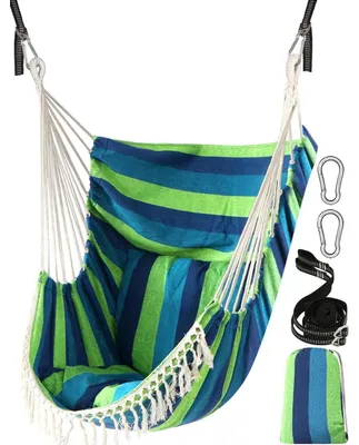 Produktbild von Hängesessel mit 2 Sitzkissen, weiches Baumwollgewebe, Seitentasche, Quaste, Blau Grün