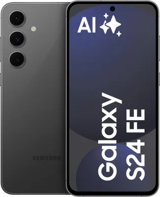 A Samsung Galaxy S24 FE smartphone is shown from the back and front, with marketing text on the screen.