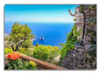 Produktbild von Wallario Premium Glasbild, freischwebende Optik, kräftige Farben, Größe 100 x 70 cm Motiv Mediterraner Ausblick