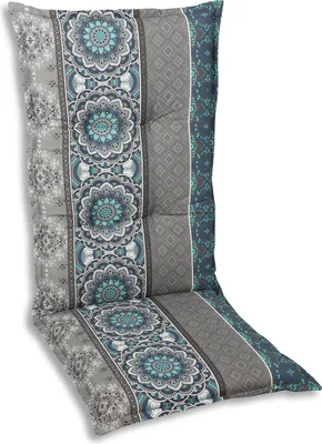 A high chair cushion with a patterned design.