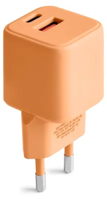 A close-up studio shot of an orange USB charger with two ports.