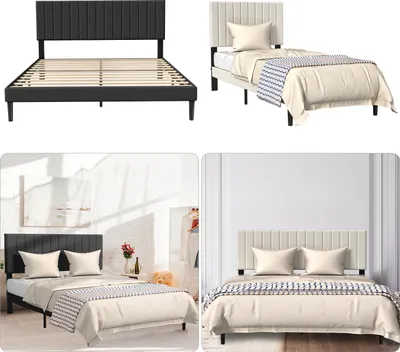 A collage of four images showing a bed frame from different angles and in different room settings.