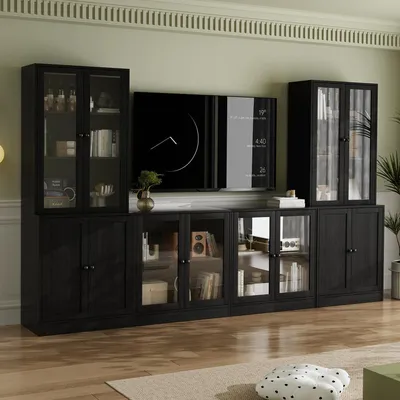 Image de Meuble TV avec étagères, 280 cm, noir, pour téléviseurs jusqu'à 70 pouces, avec portes en verre