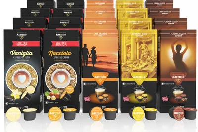 A collection of Martello coffee capsule boxes and individual capsules arranged in rows.