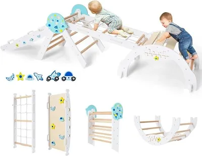 Imagen del producto de Estructura de juego interior 7 en 1, set de 4 elementos para escalar con tobogán, arco de escalada, red, incluye rampa de doble cara, set de bloques de construcción y 2 coches. Estructura de madera para escalar "Universo", apta para niños a partir de 3 años