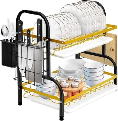Image de Support à vaisselle Famanu, 2 niveaux, avec range-couverts et égouttoir, 43 x 23 x 40 cm, noir
