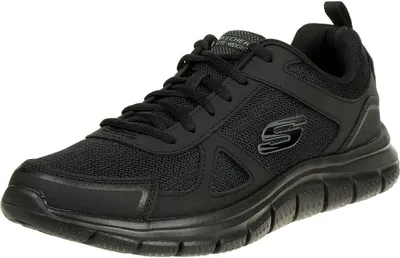 A black Skechers athletic shoe is shown from a side-angle on a white background.