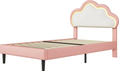 Immagine prodotto di Letto imbottito 90x200 cm con LED e testata a forma di , Letto singolo 90x200 con rete a doghe, Letto con testata regolabile in altezza, PU, Rosa