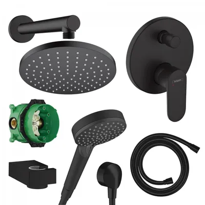 Produktbild von hansgrohe Duscharmatur VERNIS Duschsystem, Thermostat schwarz matt Duschbrause Regendusche (Wasser sparen, Wassersparen, Komplettset, Duschbrause Set