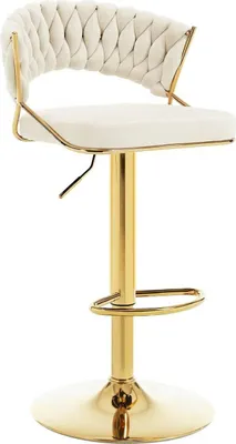 A cream-colored bar stool with a gold base and frame, set against a white background.