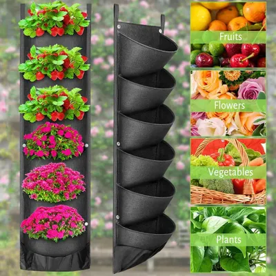 Produktbild von 2er 6-Taschen Pflanztaschen Hängend Pflanzenwachstumstaschen, Vertikale aufhängbare Pflanztasche Wand Pflanzer wasserdichte Schicht Garten Pflanzsack