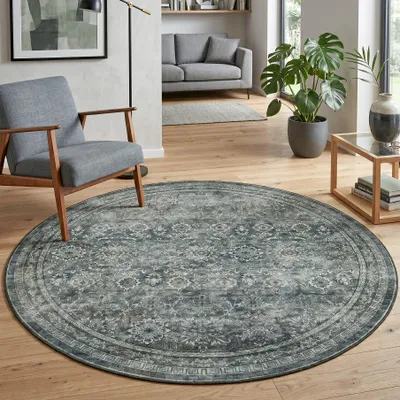 Image de Homebyhome Tapis lavable vintage tapis rond salon salle à manger design oriental entretien facile Taille: 200 cm rond