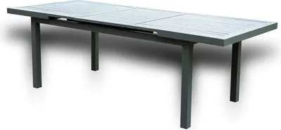 A gray, extendable outdoor dining table with a slatted top and four legs, shown against a white background with a shadow.