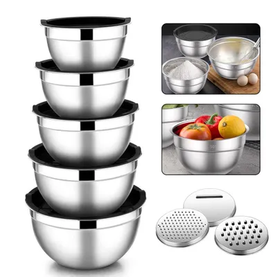 Image de 5x Saladier en acier inoxydable Saladier avec couvercle hermétique Taille 4.5l 2.7l 1.6l 1.1l 0.7l Set de saladiers pour la cuisine, Antidérapant & Empilable