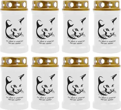 Produktbild von Grabkerze Weiß 8er Pack, Brenndauer: 40 Stunden ( je Kerze ), Motiv: Katze 4