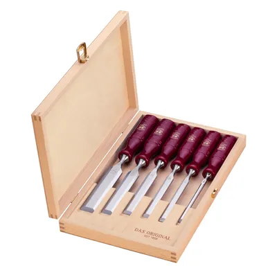 Produktbild von Kirschen Stechbeitelsatz Breite 6 10 12 16 20 26 mm mit Plastikheft rot Holzkasten - 1103000