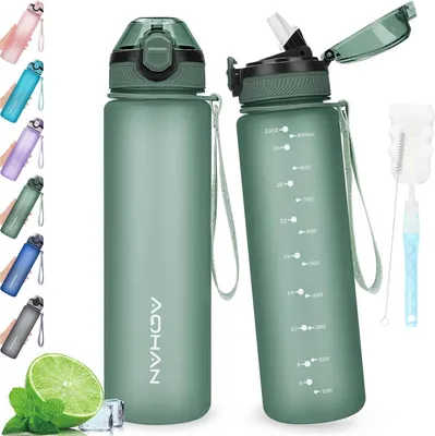 Image de Gourde AOHAN 1L avec couvercle anti-fuite et sangle de transport Vert militaire